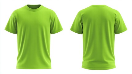 Stunning photo of blank neon green kids t-shirt mockup front, back view. Isolated on white background. Studio shot of plain neon green shirt. Casual attire. Empty template.