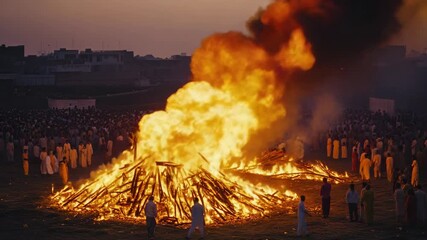 People gather around a fire for a traditional celebration.