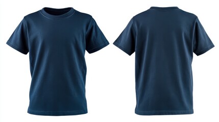 Stunning photo of blank dark blue kids t-shirt mockup front, back view. Isolated on white background. Studio shot of plain dark blue shirt. Casual attire. Empty template.