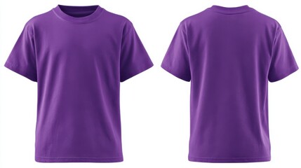 Stunning photo of blank purple kids t-shirt mockup front, back view. Isolated on white background. Studio shot of plain purple shirt. Casual attire. Empty template.