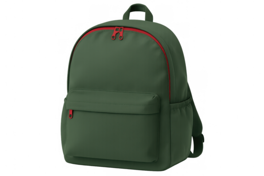 Classic green backpack with red zippers, perfect for school, work, or travel, isolated on transparent background