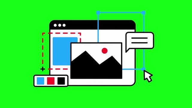 Bold Flat Animation of Website Editor Interface with Color Picker Layout Elements and Green Screen Background