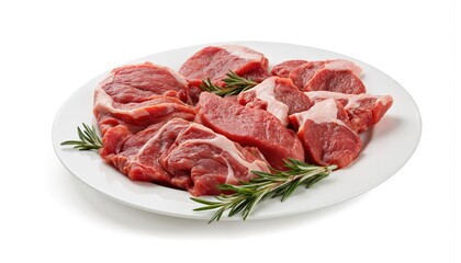 Fototapeta premium Raw cuts of fresh meat arranged attractively on white plate, garnished with rosemary sprigs. Quality ingredient for culinary, cooking, epicurean dishes like steak. Pro presentation for butcher shop,