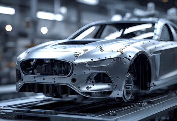 Obraz premium A silver car is on a conveyor belt