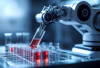 A robot is holding a red liquid in a glass tube