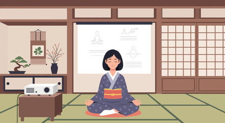 Woman Meditating In Traditional Japanese Room Projector And Screen
