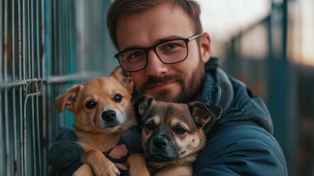 A man embracing two small rescue dogs at an animal shelter, advocating for pet adoption and highlighting the importance of companionship.