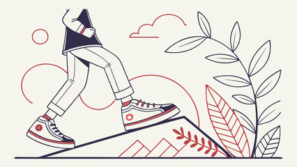Minimalist Line Art Illustration of Person Walking Uphill. Journey, Progress, and Growth Concept with Nature Elements.