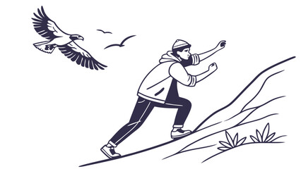 Person hiking up a mountain with an eagle in the sky, black and white outdoor adventure line art