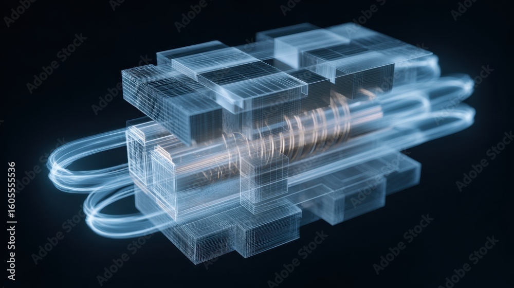 Poster intricate cryopackaging structure highlighting quantum chip interfaces and superconducting material 