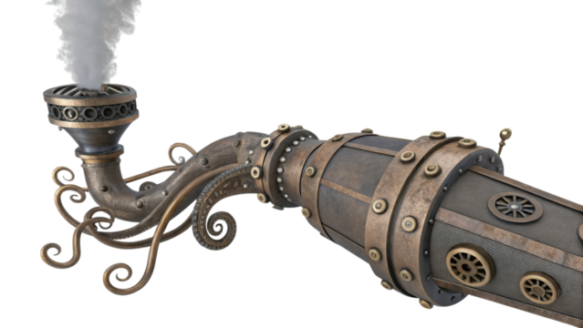 Steampunk mechanical arm with glowing light source isolated on transparent background isolated on white background