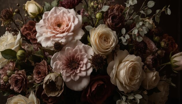 Elegant floral arrangement roses, dahlias, hellebores in muted earth tones. Botanical beauty with dark, moody background texture. Romantic, vintage aesthetic for wedding invitations, posters,
