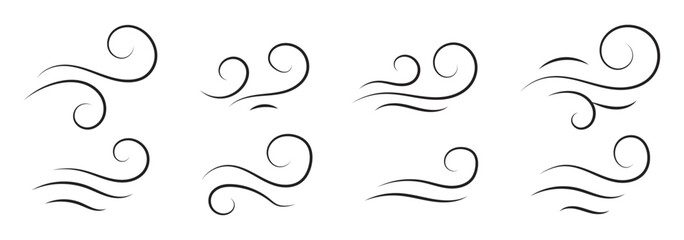 Wind air flow, flowing row elements, doodle wind line set, hand drawn doodle wind motion vector illustration