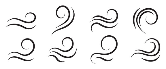 Fototapeta premium Wind line doodle set. Blue hand drawn wind swirls and gusts. Decorative breeze symbols for weather, nature, and climate designs.