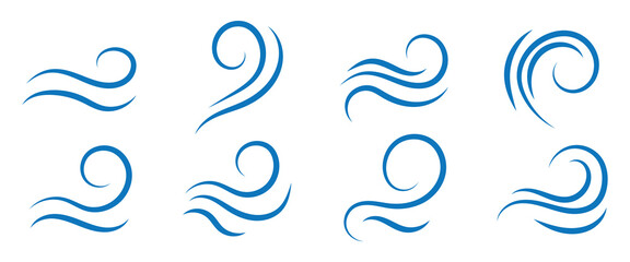 Wind line doodle set. Blue hand drawn wind swirls and gusts. Decorative breeze symbols for weather, nature, and climate designs.