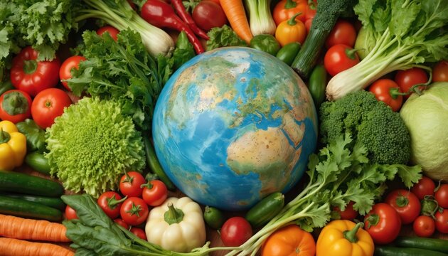 Global assortment of fresh vegetables surrounds planet Earth, healthy food, environmental connection. Features produce like tomatoes, carrots, broccoli, lettuce, peppers, cucumbers, representing
