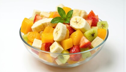 Vibrant fruit salad in glass bowl featuring diced apples, bananas, oranges, strawberries, kiwi. Healthy mix of fresh, juicy fruits, perfect for breakfast, dessert, light snack. Garnished with mint