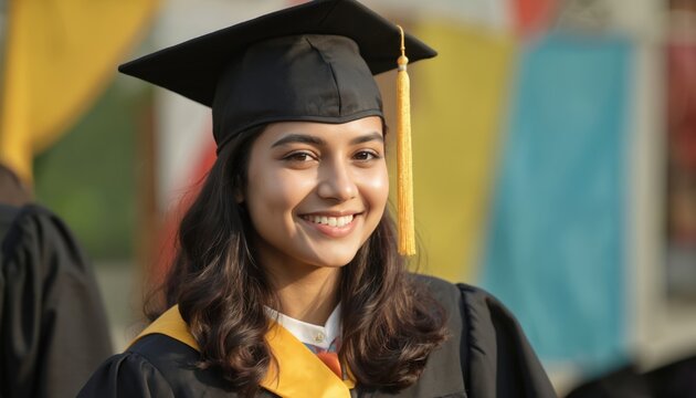 Happy Indian female graduate smiles at college ceremony wearing cap, gown. Diploma in hand achievement, success. Young woman celebrates educational milestone, looking forward to future career