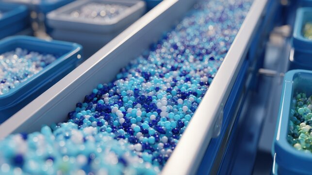 Small plastic beads move along a conveyor belt in a plastic recycling factory, collecting in blue containers, demonstrating a circular economy