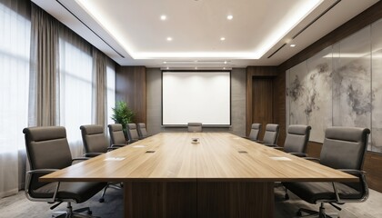 Modern conference room features large wooden table, plush black leather chairs. Bright windows with sheer curtains offer natural light. Minimalist design includes projector screen, subtle plant.
