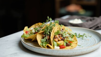 Colorful vegan tacos filled with fresh vegetables, microgreens presented on ceramic plate. Healthy dish for lunch brunch, culinary preparation, bright ingredients, delicious, appetizing presentation