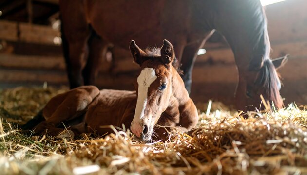 A foal resting in hay