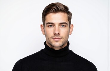Obraz premium Handsome young man portrait, wearing black turtleneck sweater, smiling gently. Clean cut, blue eyes, short brown hair. Isolated on clean white background, presenting pro, modern look for fashion