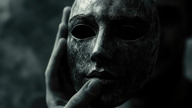 Dual  of masked character and a person with their hands on face, one side showing smirk and the other one showing pain.