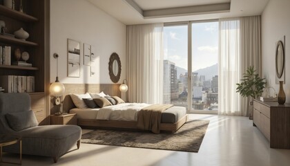 Fototapeta premium Sunlit modern bedroom offers city view. Minimalist design, comfortable king-size bed, soft drapes, elegant furniture. Peaceful, airy space for relaxing, unwinding in urban residence.
