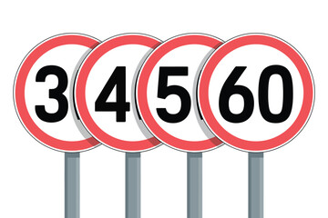 Four circular speed limit signs showing 30 40 50 and 60 kilometers per hour