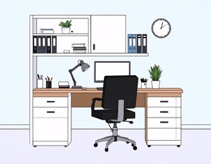 Clean Vector Office Desk Setup with Computer, Chair, and Organized Shelves Illustration
