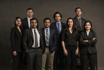 Group of Indian business professionals pose for formal team picture. Men, women in business attire stand together in office setting, representing corporate teamwork, leadership, company culture.