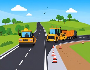 Obraz premium Sunny Day Road Construction: Cartoon Trucks on a Winding Countryside Highway