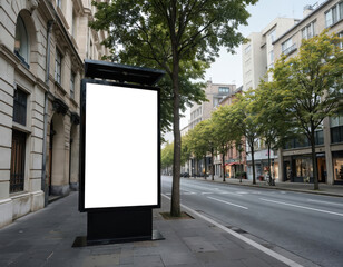 Blank billboard on a city street in Paris. Display for advertising and marketing purposes in an urban environment with buildings, trees, and sidewalk. Empty space for commercial promotion.