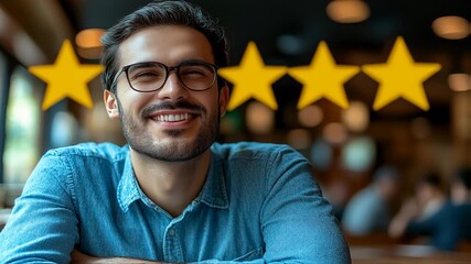 Happy Customer Smiling with 5-Star Rating Review in a Restaurant, Satisfaction Concept