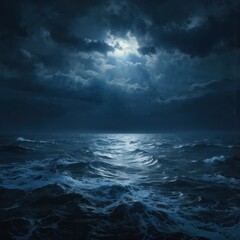 Obraz premium Dark blue sea under stormy skies with dramatic clouds, moonlight. Rough ocean waves create white foam. Horizontal seascape with textured watercolor style, conveying sense of deep water, dynamic