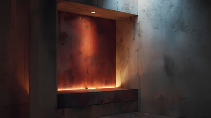 Oxidized red block embedded in unpolished plaster niche