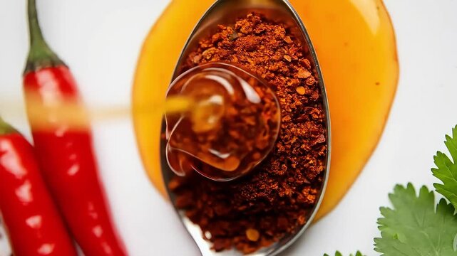 Closeup of Red Chili Flakes on Spoon with Fresh Chilies and Cilantro.