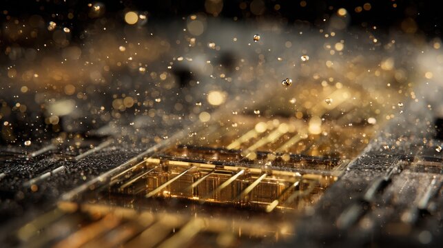 Coolant droplets falling and splashing on quantum processor surface, highlighting precise temperature regulation within closed loop cooling system for advanced computing performance