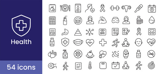 Health icon set with 54 line style illustrations including health, wellness, fitness, nutrition, exercise, heart, medicine, healthcare, medical, and healthy lifestyle symbols for apps and infographics