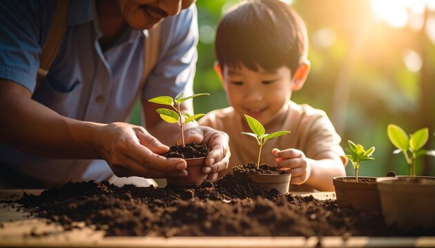 A gentle, warm image of a grandfather and grandson planting seedlings