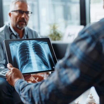 A doctor carefully examines a chest X-ray displayed on a tablet in a modern medical office. The image highlights the importance of digital technology in diagnosing and treating respiratory conditions.