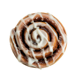A top-down view of a freshly baked cinnamon roll with white icing drizzled over the spiral layers.