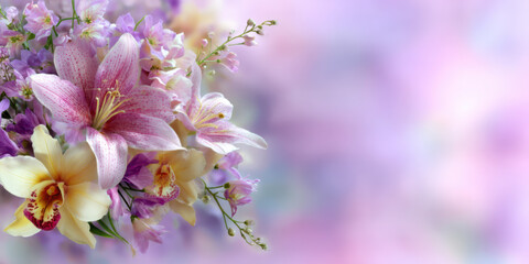 Obraz premium Background for a greeting card with a bouquet of delicate lilies and orchids