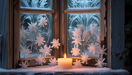 Warm candle glows on a snowy windowsill with frosted windowpanes creating a cozy winter scene