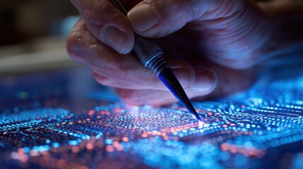 Engineer meticulously applies biodegradable conductive paint to a circuit board, highlighting the fusion of technology, sustainability, and artistic precision in modern electronics manufacturing