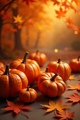 Naklejka premium Ripe orange pumpkins with vibrant autumn leaves on dark table. Warm sunset tones, seasonal fall harvest and Thanksgiving concept. Rustic autumn background for seasonal design