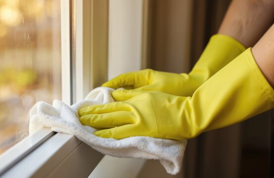 Hands wearing yellow protective gloves wipe window with white cloth. Selective focus on cleaning action highlights domestic chore. Blurred background suggests home environment for cleaning services