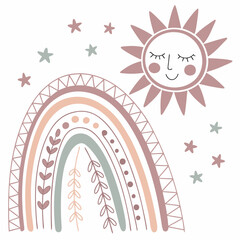 “Collection of boho rainbows and sun — pastel color palette, editable vector, for nursery decor and children’s fashion”
