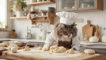 Cat dressed as chef kneads dough in cozy kitchen. Flour, baking ingredients, tools surround fluffy pet. Daylight brightens scene. Adorable feline prepares pastry with focus, culinary fun, creativity.